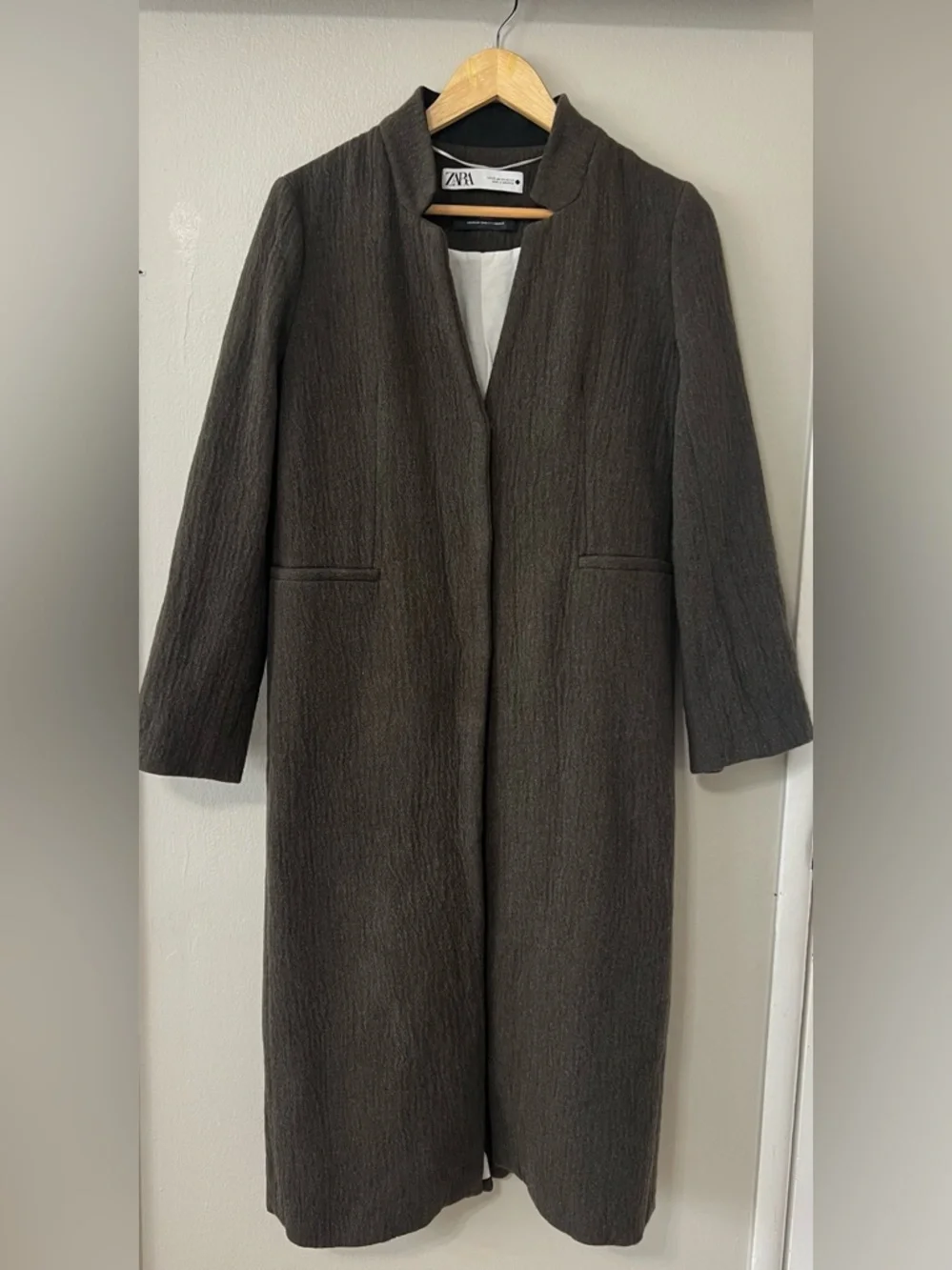 Zara Manteco Wool Blend Longline Coat Olive Green Minimalist XS - Picture 4 of 14